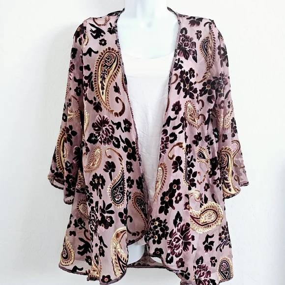 Kamana Bohemian Velvet Paisley Floral Open Kimono Cardigan SZ Small - Picture 5 of 10